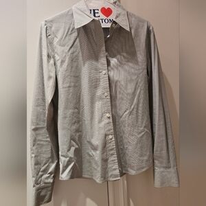 Women's Theory Blue, Gray And White Checkered Long Sleeve Button Down Shirt